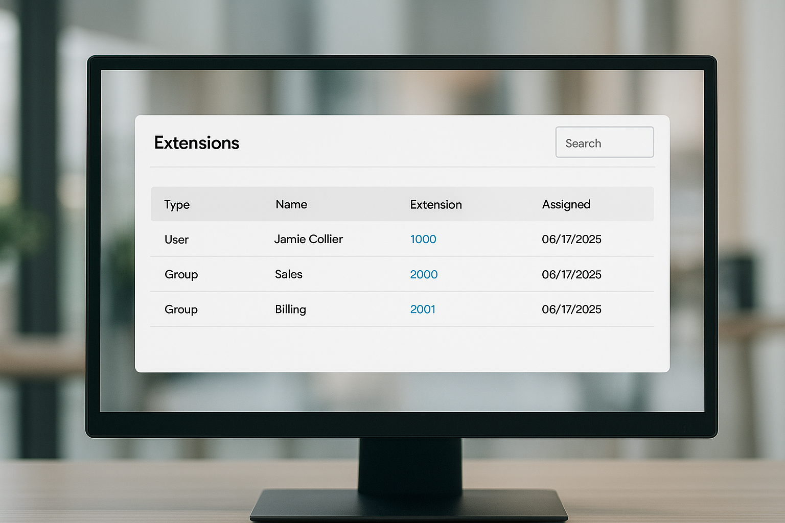 Computer screen showing the PATLive Flex Extensions dashboard with business phone extensions assigned to users and groups like Sales and Billing.