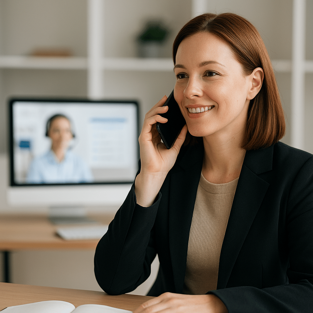 Businesswoman taking a call while a virtual receptionist is displayed in the background on a monitor, representing professional call handling.